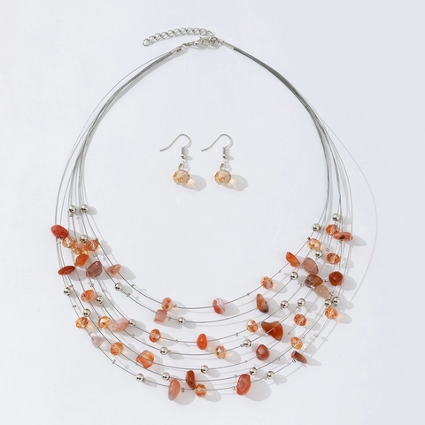 Bohemian Multi-Layer Crushed Stone Necklace And Earrings Vintage Ethnic Crystal Alloy Jewelry For Women Handmade Style