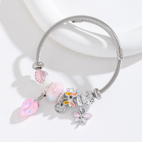 Stainless Steel Wire Charm Bracelet Adjustable Cuff For Women With Crystal Dragonfly Butterfly Heart Pendants Beads