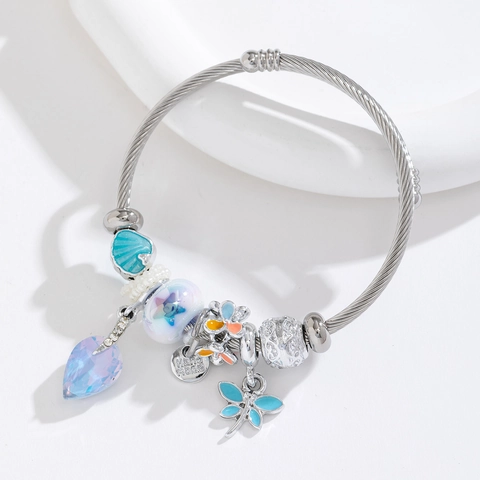 Stainless Steel Wire Charm Bracelet Adjustable Cuff For Women With Crystal Dragonfly Butterfly Heart Pendants Beads