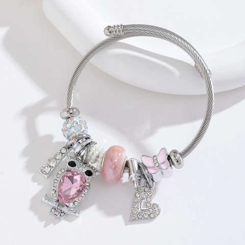 Stainless Steel Charm Bracelet Owl Heart Butterfly Pendant Rhinestone Adjustable DIY Sweet Fashion Jewelry For Women
