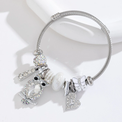 Stainless Steel Charm Bracelet Owl Heart Butterfly Pendant Rhinestone Adjustable DIY Sweet Fashion Jewelry For Women