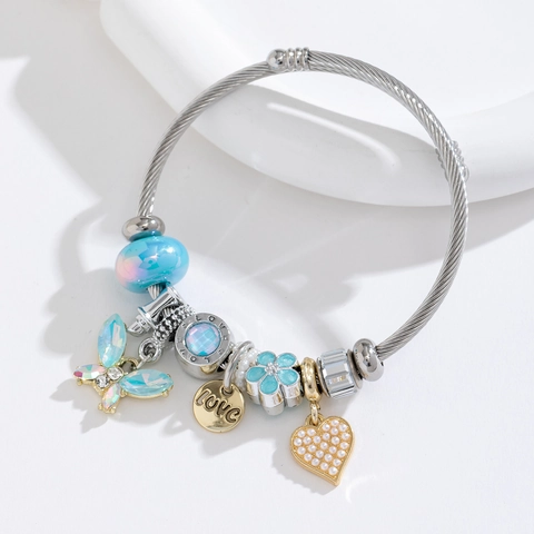 Butterfly Heart Charm Bangle Bracelet Stainless Steel Cable Alloy Glass Beads DIY Adjustable Jewelry For Women