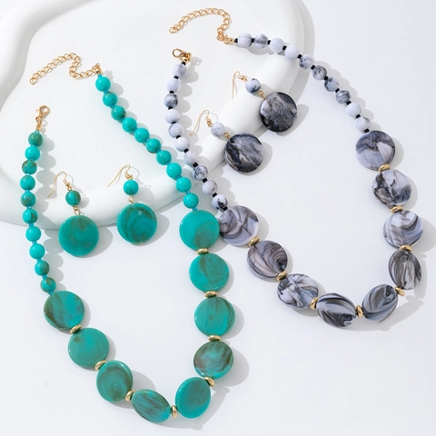 Set di Collana e Orecchini Retro Boho con Perle Grandi in Resina Effetto Marmo Gioielli Etnici Grossolani da Donna