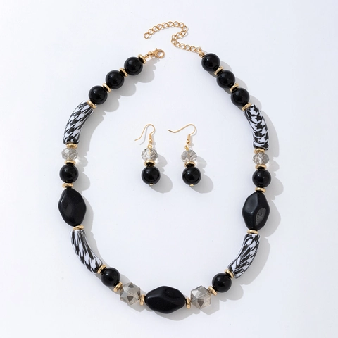 Set di Collana e Orecchini Retro Boho con Perle Grandi in Resina Effetto Marmo Gioielli Etnici Grossolani da Donna