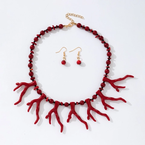 Bohemian Ethnic Necklace And Earrings With Resin Coral Branch Pendants Colorful Beads Vacation Jewelry For Women