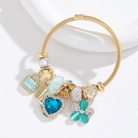 Stainless Steel Wire Cable Bangle Bracelet Heart Flower Alloy Charms Crystal Rhinestones Carved Love Jewelry Women