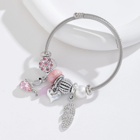 Bracciale Rigido In Acciaio Inossidabile Da Donna Ciondolo Cristallo Finta Perla Artificial Cigno Cuore Foglia Filo Intrecciato Aperto