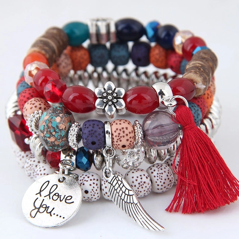 Bohemian Multilayer Beaded Bracelet Alloy Wing Tassel Charm Ethnic Retro Style Elastic Strand Jewelry