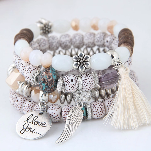 Böhmische Perlenarmband Kombination Mit Quaste Feder Flügel Herz Anhänger Legierung Holz Harz Perlen Ethnisch Schmuck