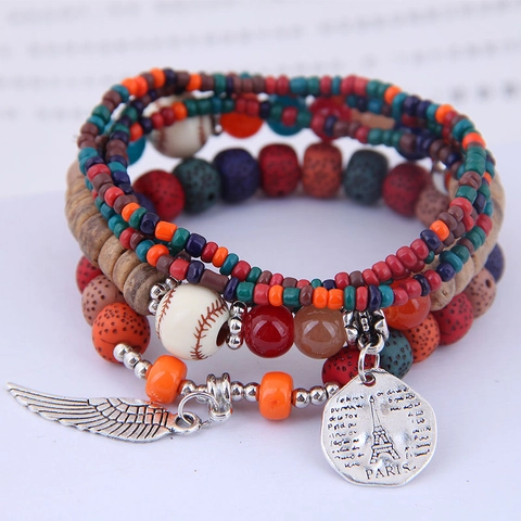 Bracciale Di Perline Multistrato Lega Resina Legno Pietra Lavica Piuma Torre Ciondolo Bohemien Gioielli Donna