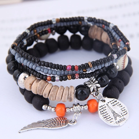Bracciale Di Perline Multistrato Lega Resina Legno Pietra Lavica Piuma Torre Ciondolo Bohemien Gioielli Donna