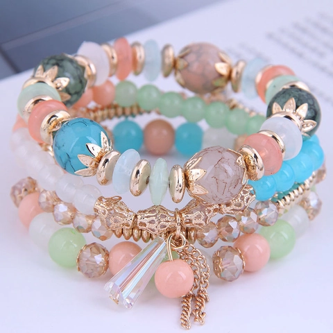 Bracciale Multistrato Bohemien di Perline per Donna Perline di Cristallo Lega Nappa Etnico Vintage Gioielli di Moda