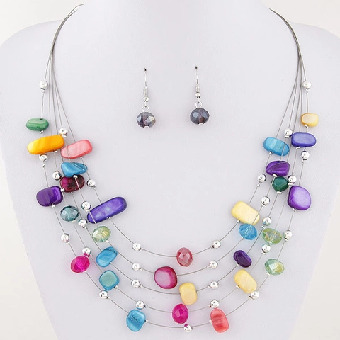 Bohemian Multi Layer Necklace And Earrings Shell Crystal Alloy Jewelry Vintage Ethnic Style For Women