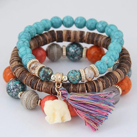 Bracciali Perline Multistrato Bohemian Con Perline Legno Pietra Sintetica Ciondolo Elefante Nappa Donne