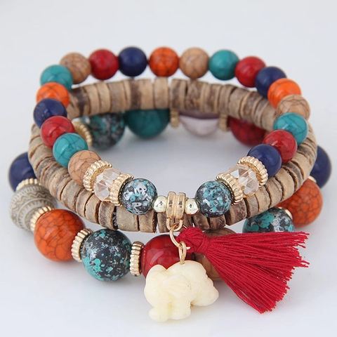 Bracciali Perline Multistrato Bohemian Con Perline Legno Pietra Sintetica Ciondolo Elefante Nappa Donne