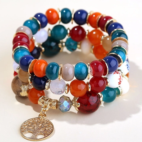 Bracelet Multicouche En Perles Résine Alliage Pendentif Arbre De Vie Style Bohême Ethnique Élastique Pour Femme