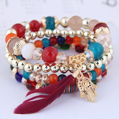 Bohemian Mehrlagiges Perlenarmband Mit Hamsa Hand Und Federanhänger Aus Legierung Glas Harz Schmuck Für Damen