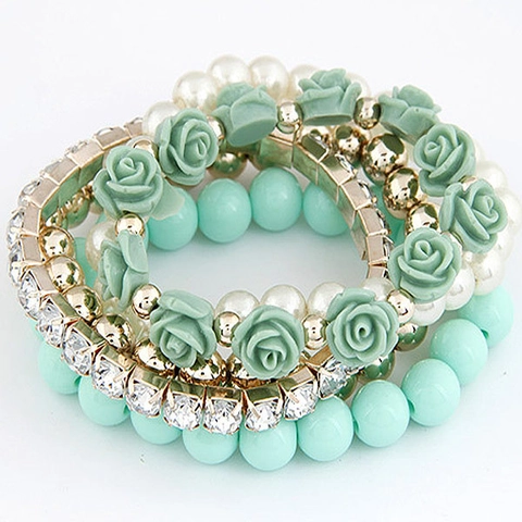 Meerlaagse Kralen Armband Hars Roos Bloem Nep Kunstparel Legering Strass Bohemien Etnische Stijl Stretch Voor Dames