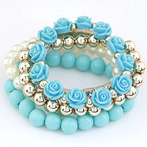 Boheems Multi Gelaagde Kralen Armband Voor Vrouwen Zoete Hars Roos Bloem Legering Strass Kunstparel Elastische Armband Mode Sieraden Accessoire