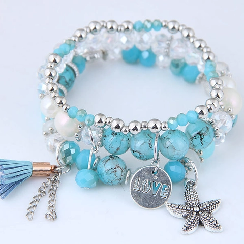 Pulseras Multicapa Bohemias Perlas Artificiales Resina Aleación Perla Artificial Cristal De Vidrio Estrella De Mar Borla Joyas Para Mujeres