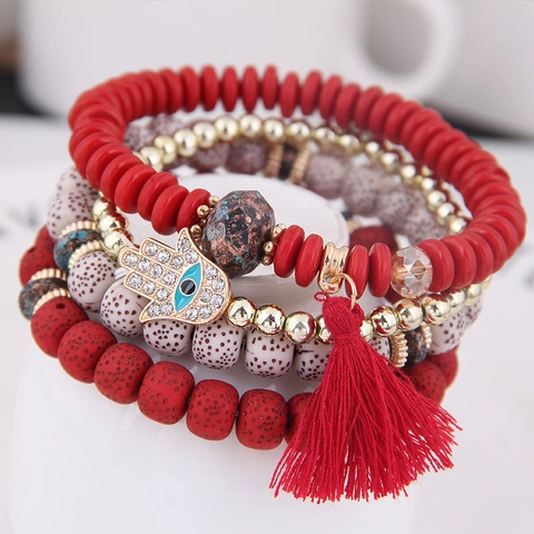 Multi Layer Beaded Bracelets With Alloy Hamsa Hand Pendant Evil Eye Tassel Bohemian Ethnic Style For Women