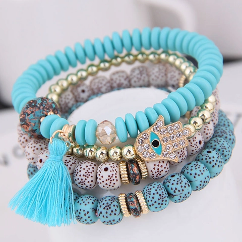 Boheems Meerlagige Kralen Armband Set Legering Houten Kralen Hand Van Fatima Boze Oog Kwastje Strass Etnische Sieraden Dames
