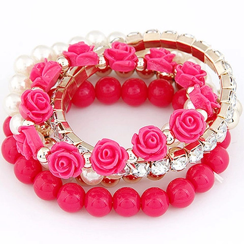 Meerlaagse Kralen Armband Hars Roos Bloem Nep Kunstparel Legering Strass Bohemien Etnische Stijl Stretch Voor Dames