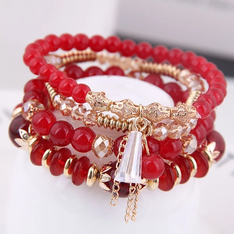 Bohemian Multilayer Beaded Bracelet Set For Women Alloy Crystal Tassel Pendant Ethnic Vintage Bracelet Jewelry