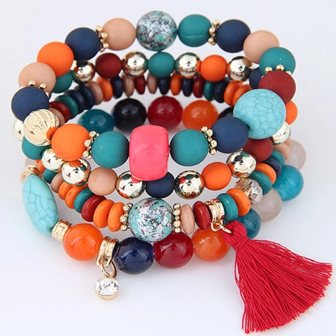 Set Di Braccialetti Con Perline Bohémien Lega Resina Multistrato Elastico Nappa Ciondolo Strass Gioielli Etnici Donna