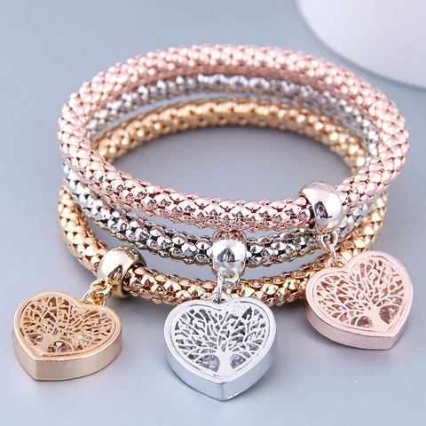 Popcorn Chain Bracelets With Tree Of Life Heart Crown Star Pendants Alloy Rhinestone Elastic Stackable For Women