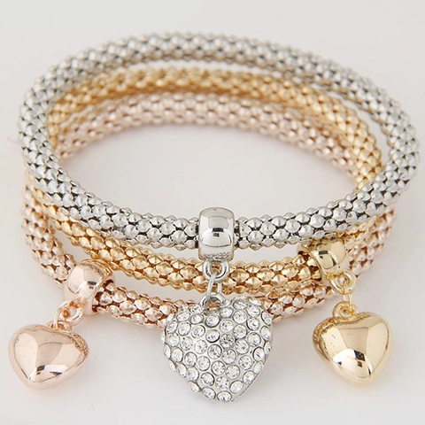 Alloy Popcorn Mesh Chain Elastic Bracelets Gold Silver Rose Gold With Rhinestone Heart Star Elephant Crown Dangle Pendants Women
