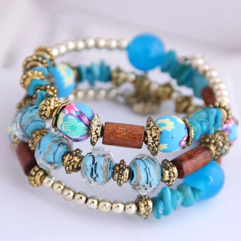Bohemian Multilayer Beaded Bracelet With Wood Shell And Alloy Floral Pattern Resin Beads Retro Ethnic Style Women