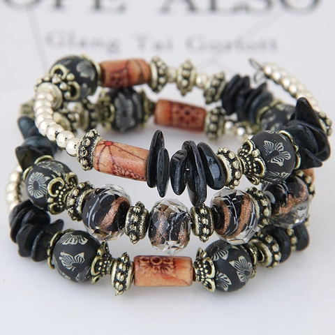 Bohemian Multilayer Beaded Bracelet With Wood Shell And Alloy Floral Pattern Resin Beads Retro Ethnic Style Women