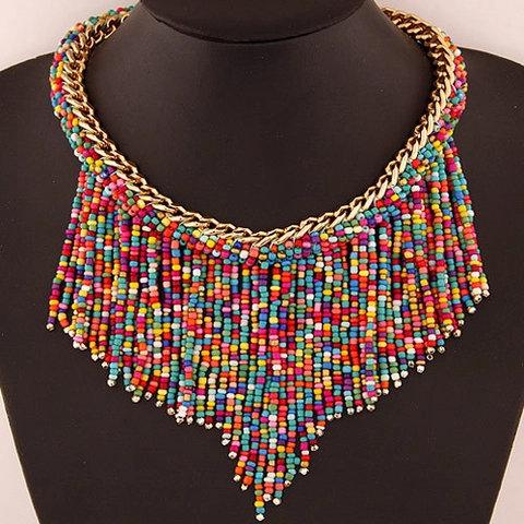 Collier Plastron Bohème Ethnique Alliage Chaîne Dorée Multi Couches Franges Perles Colorées Forme En V Bijoux Femmes