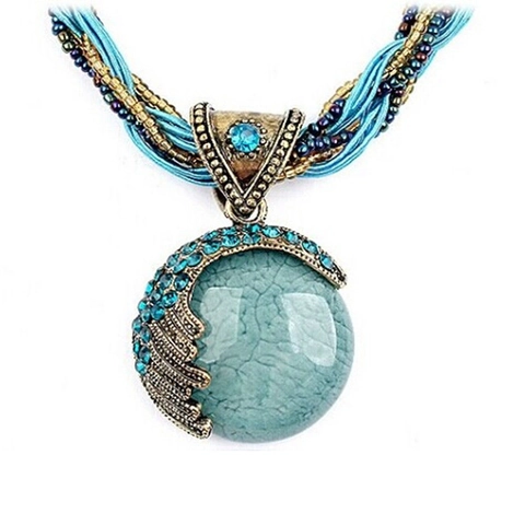 Retro Bohemian Ethnic Pendant Necklace Alloy Faux Crackle Gemstone Rhinestone Seed Beads Multi Strand Woven Cord