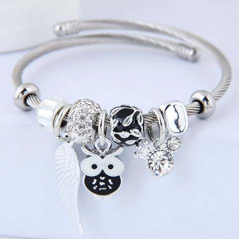 Stainless Steel Bangle Bracelet With Alloy Owl And Angel Wing Charms DIY Beaded Twisted Cable Open Cuff Jewelry For Women