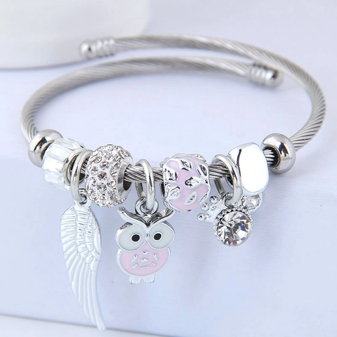 Stainless Steel Bangle Bracelet With Alloy Owl And Angel Wing Charms DIY Beaded Twisted Cable Open Cuff Jewelry For Women