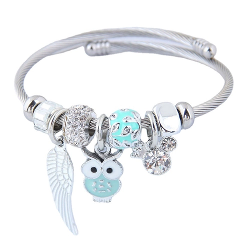 Charm Bangle Bracelet Alloy Steel Wire Owl Feather Wing Rhinestone Enamel Multiple Element Personal Accessories Women