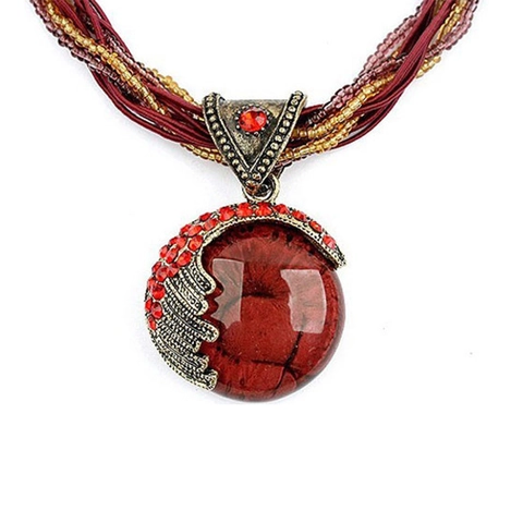 Retro Bohemian Ethnic Pendant Necklace Alloy Faux Crackle Gemstone Rhinestone Seed Beads Multi Strand Woven Cord