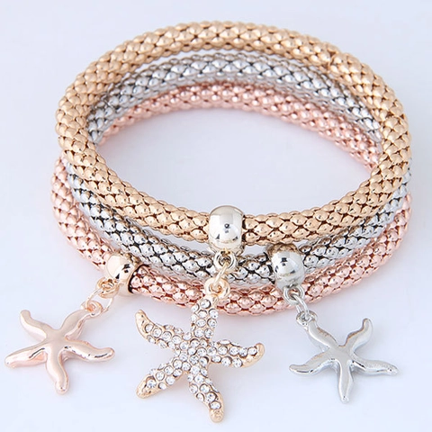 Alloy Popcorn Mesh Chain Elastic Bracelets Gold Silver Rose Gold With Rhinestone Heart Star Elephant Crown Dangle Pendants Women