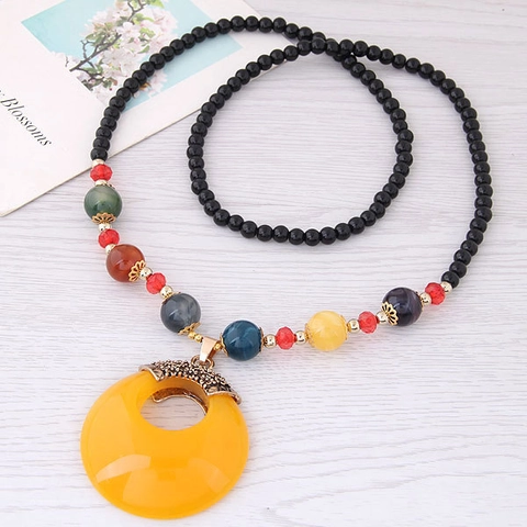 Collier Long Perles Femmes Style Bohème Ethnique Vintage Alliage Résine Perles Colorées Pendentif Cercle Chaîne Pull