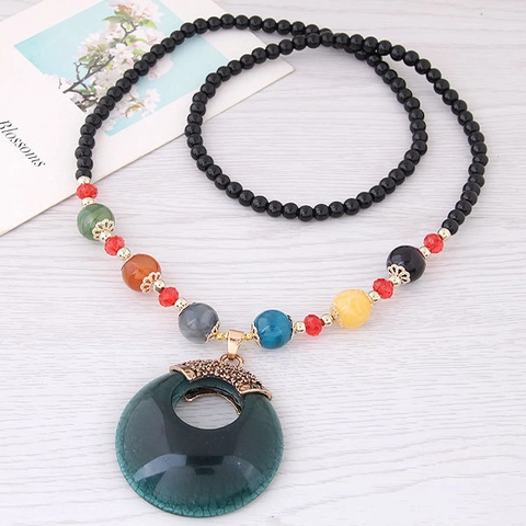Collier Long Perles Femmes Style Bohème Ethnique Vintage Alliage Résine Perles Colorées Pendentif Cercle Chaîne Pull
