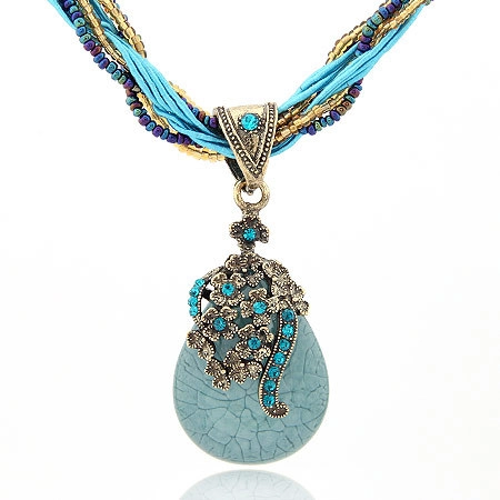 Bohemian Retro Teardrop Pendant Long Necklace For Women Ethnic Style Hollow Flower Alloy Rhinestone Sweater Chain Multi Strand Beads Travel Jewelry