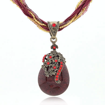 Bohemian Retro Teardrop Pendant Long Necklace For Women Ethnic Style Hollow Flower Alloy Rhinestone Sweater Chain Multi Strand Beads Travel Jewelry