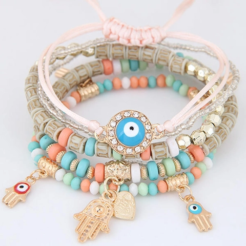 Bracciale Multistrato Bohemien Lega Perline Di Semi Occhio Di Allah Mano Di Fatima Ciondolo Stile Etnico Gioielli Donna