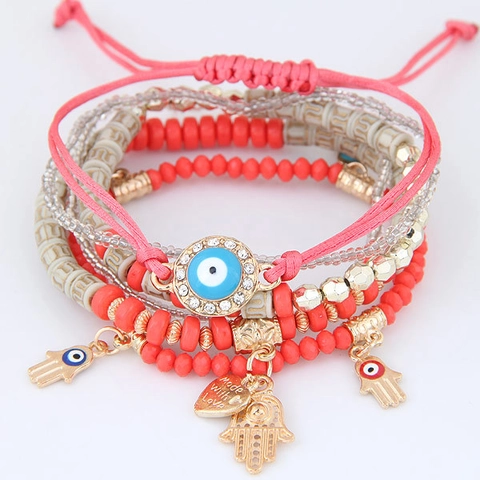 Boho Mehrlagiges Armband Legierung Harzperlen Böser Blick Hamsa Hand Herzanhänger Ethnischer Schmuck Für Damen Elegant