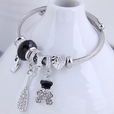 Fashion European American Alloy Steel Wire Bangle Bracelet With Rhinestone Bear Heart Deer Pendant Charms For Women Jewelry