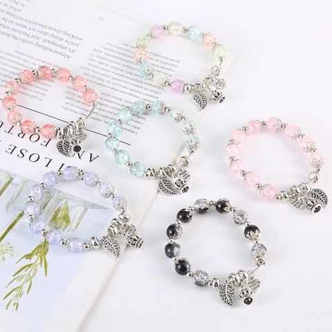 Pulsera de Cuentas de Vidrio Craquelado Retro Bohemio para Mujer con Dijes de Corona Hoja Corazón de Aleación Joyería Étnica Elástica