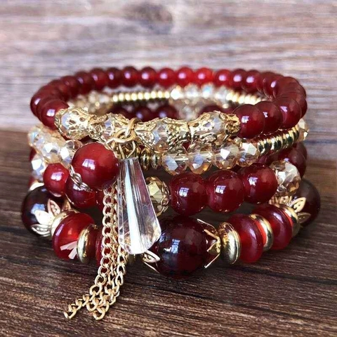 Multilayer Beaded Bracelets For Women Bohemian Retro Style Crystal Resin Beads With Alloy Tassel Pendant Elastic