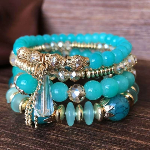 Multilayer Beaded Bracelets For Women Bohemian Retro Style Crystal Resin Beads With Alloy Tassel Pendant Elastic